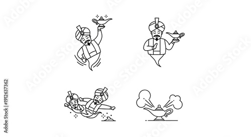 Genie Lamp Icons: Magical Characters and Symbols of Wishes and Fantasy
