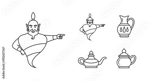Genie Lamp Icon Set: Magic, Fantasy, Arabian Nights, Folklore Characters, Mythical Creatures