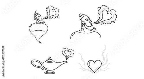 Genie of Love: Heart Smoke from Magic Lamp and Figures