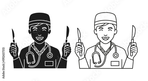 Smiling male surgeon vector illustration holding a metallic scalpel in each hand, wearing a scrub cap and stethoscope, isolated on a white background.