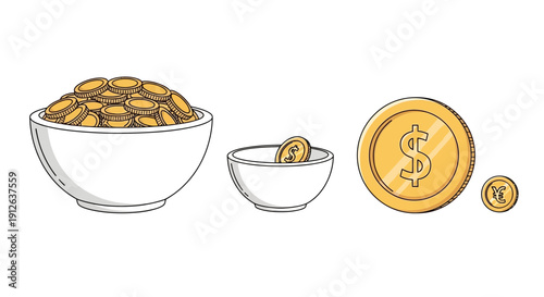 Golden Coins in Bowls and on White Background - Business and Finance Concept