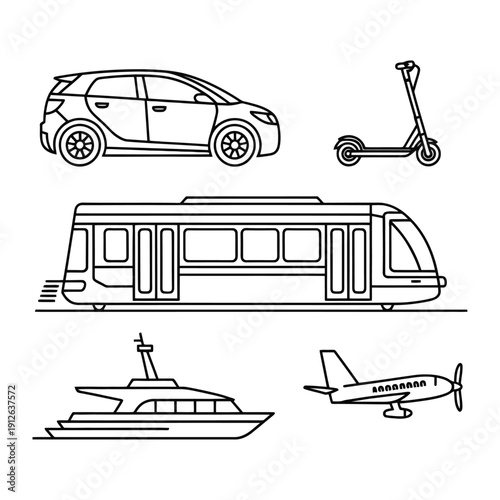 Transport Icons: A collection of sleek, minimalist icons, depicting diverse modes of transportation, perfect for illustrating mobility and travel.