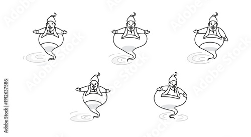 Group of Genies Emerging from Lamps, Fantasy, Magic, Arabian Nights, Cartoon Style