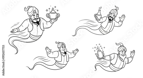 Four Genies Flying, Holding Magic Lamps and Bottles, Black and White Line Art