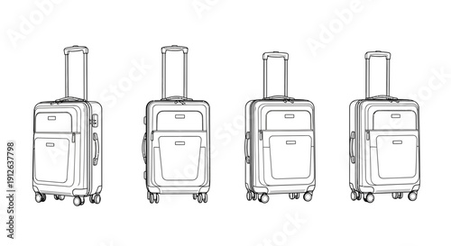 Four wheeled luggage cases in different angles, travel concept