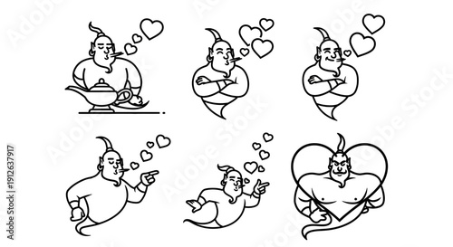 Genie blowing hearts, love, magic lamp, wishes, romance, fantasy, cartoon style