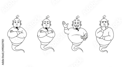 Genie Character Poses: Confident, Angry, Waving, Thinking