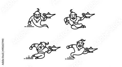 Genie Character Set: Four Magical Figures Holding Oil Lamps, Line Art Icons