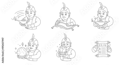 Genie Character Set: Magic Lamp, Flying Carpet, Crystal Ball, Globe, Scroll - Line Art