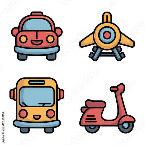 Transportation Icons: A vibrant assortment of transport vehicles in a colorful, modern illustration style. Featuring icons of a taxi, airplane, bus, and scooter.