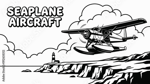 seaplane airplane aircraft aviation flight black and white above coastal sky clouds at low altitude near ocean horizon showing transport travel aerospace engine wing