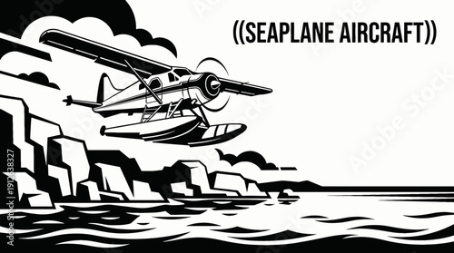 seaplane airplane aircraft aviation flight black and white above coastal sky clouds at low altitude near ocean horizon showing transport travel aerospace engine wing
