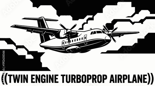 twin engine turboprop airplane black and white aircraft aviation flight through cloudy sky at moderate altitude across distant horizon showing transport travel aerospace wing sketch