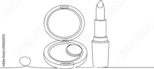 Minimalist Continuous Line Art of Compact Powder and Lipstick