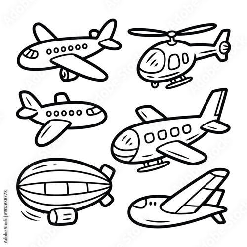 Air Transportation Collection: This illustration shows various modes of air transportation, including airplanes, a helicopter, and a zeppelin.
