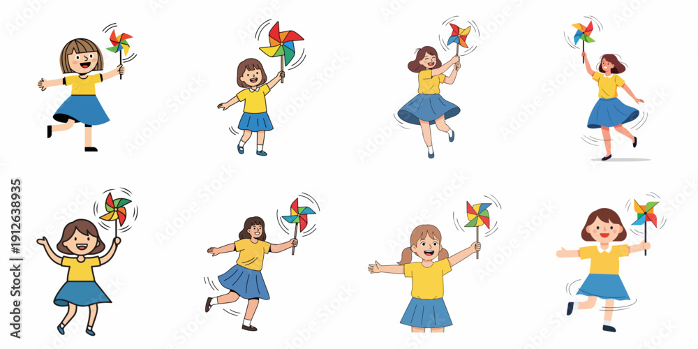Naklejka premium Happy young girls playing and running with colorful pinwheels, enjoying summer outdoor fun. Cute cartoon vector illustration set on white background.