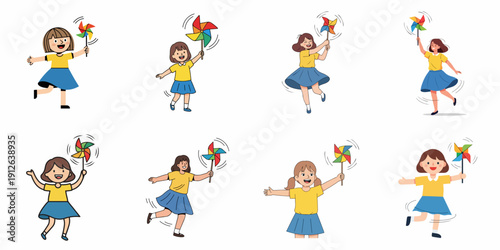 Happy young girls playing and running with colorful pinwheels, enjoying summer outdoor fun. Cute cartoon vector illustration set on white background.