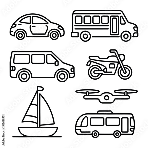 Variety of Transports: A collection of meticulously crafted line art illustrations showcasing an array of transportation methods, ranging from a sleek car to a futuristic drone.