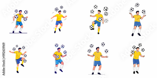 Soccer Player Juggling Multiple Balls Vector Set: Professional Footballer Demonstrating Expert Skill and Trick Mastery in Various Poses.