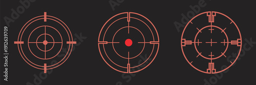 Targeting reticles red digital crosshair elements, advanced military HUD markers, sniper scope overlays, shooting game aiming guides, high tech sci fi battle interface vector illustration.