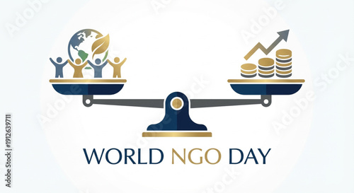 A balance scale illustrating the equilibrium between social, environmental sustainability and economic growth for World NGO Day.