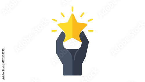Hand holding a shining yellow star icon, representing achievement, quality, award, and best rating.