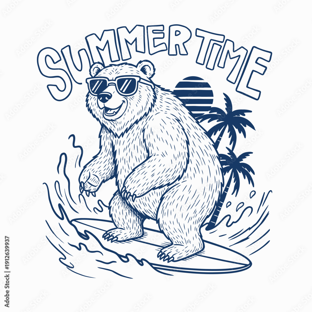 Naklejka premium Cool Bear Surfing on a Wave in Summer Time.