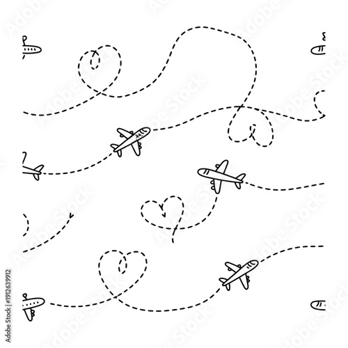 Air Travel Doodle: Seamless pattern of whimsical airplanes tracing flight paths against a clean backdrop, creating a sense of travel, adventure, and the journey.