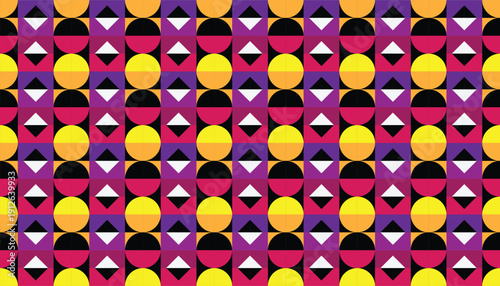 Seamless geometric pattern featuring vertical columns of vibrant yellow circles, magenta half-circles, and black-and-white diamond motifs. Abstract vector background with a bold, rhythmic modular grid