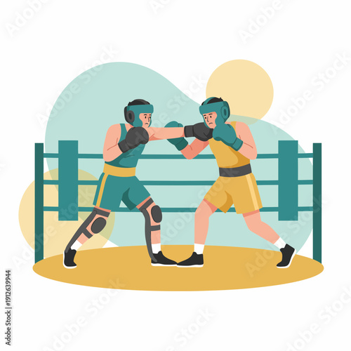 Boxers in intense match within a professional boxing ring