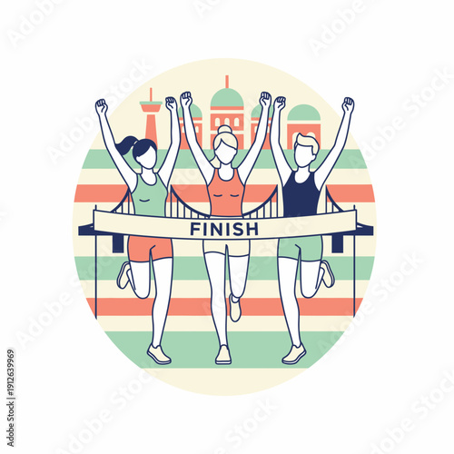 Runners celebrate crossing finish line in triumphant pose