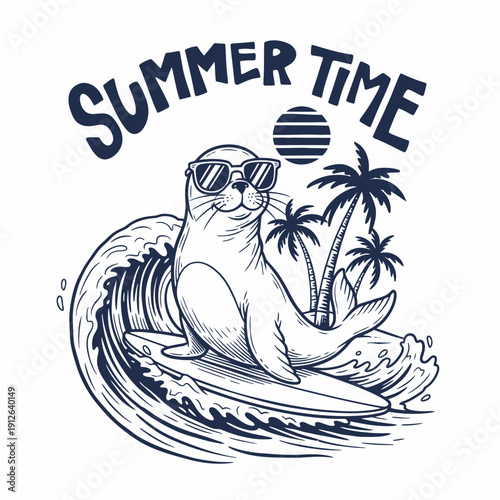 Cute Seal Surfing on a Wave with Sunglasses and Palm Trees.