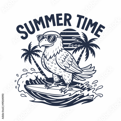 Eagle Surfing on a Wave with Sunglasses and Palm Trees.