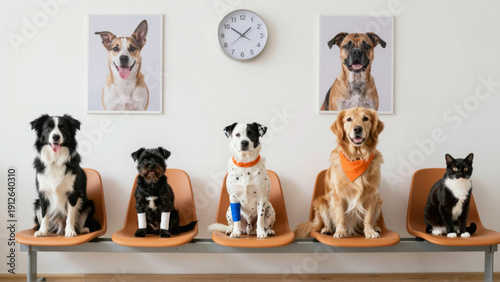 Patient pets awaiting their turn at a veterinary clinic, showcasing a calm and organized animal care environment with multiple dog breeds and a cat