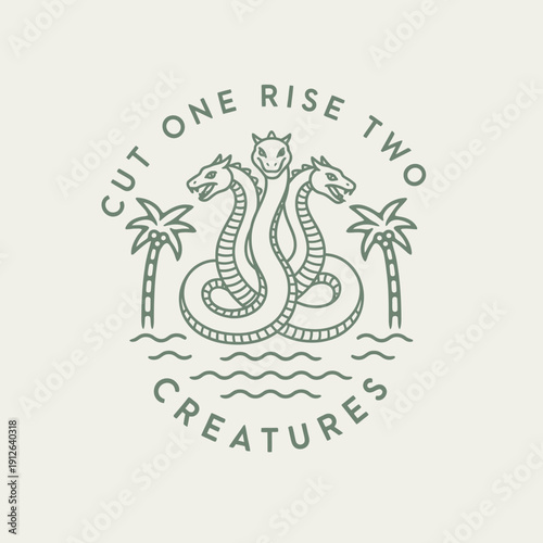 Mythical Hydra Creature with Three Heads and Palm Trees.