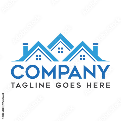 Real estate company logo design features three stylized blue house roofs with chimneys and windows above bold blue “company” text and gray “tagline goes here” text on a white background