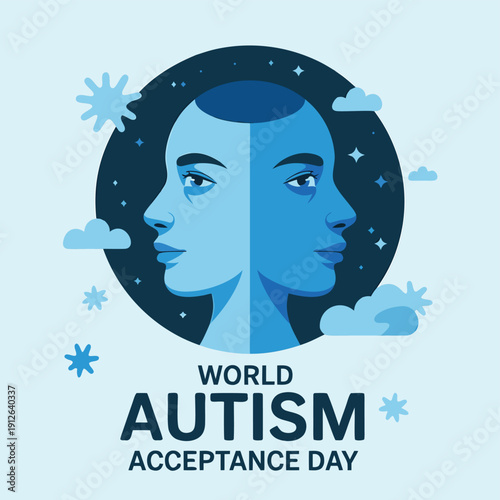A split faced portrait symbolizes world autism acceptance day featuring a night and day contrast