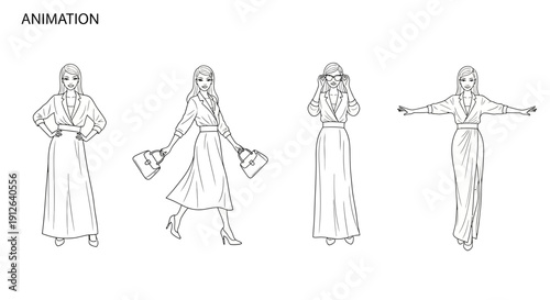 Fashion Model Animation Sketch: Elegant Woman in Flowing Dress and Handbags