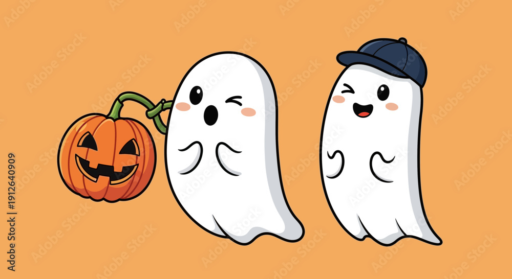 Fototapeta premium Cute Halloween Ghosts with Jack-o-Lantern, Winking and Wearing Cap