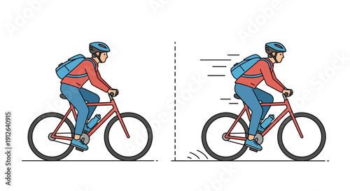 Cyclist Accelerating and Speeding Up on Bicycle with Backpack