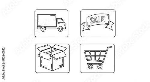 Delivery Truck, Sale Banner, Open Box, Shopping Cart Icons - E-commerce and Logistics Concept