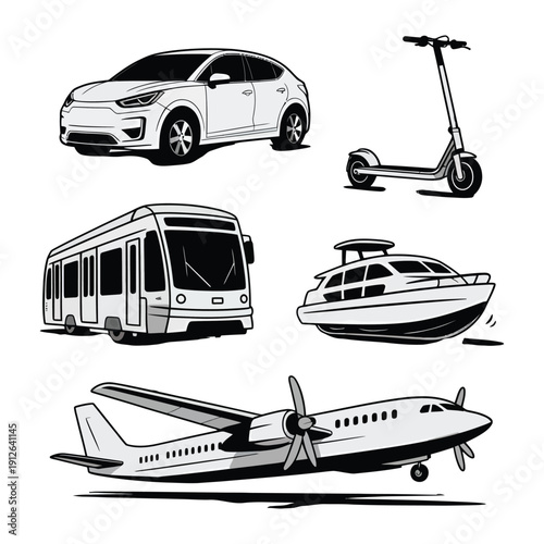 Variety of Transportation: A collection of various vehicles, illustrating modes of travel and transportation. 