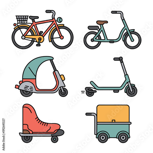Urban Mobility Collection: A vibrant collection of modern urban transport options, symbolizing eco-friendly travel and diverse personal mobility choices.