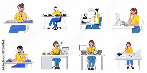 Diverse set of illustrations showing women working as call center agents and telephone operators managing customer service, communications, and busy switchboards.