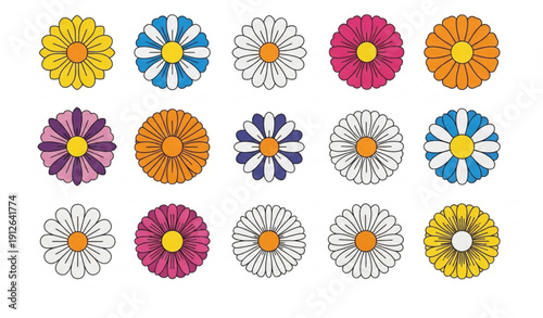 Colorful Chamomile Daisy Round Flower Icon Set Flat Vector Illustration