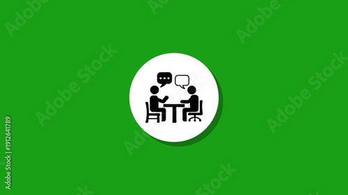Two cartoon people sitting at a table with speech bubbles over their heads discussing business or work on green screen with motion