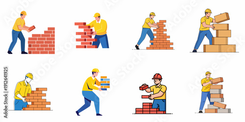 Bricklayer and Construction Work Vector Set: Masons in hard hats building walls and stacking bricks for architecture, building, and industry.