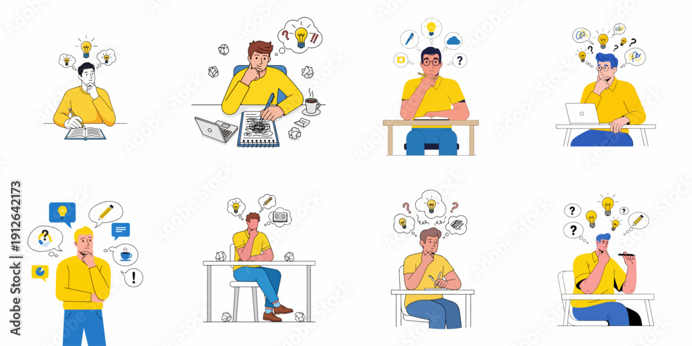 Fototapeta premium Collection of vector illustrations showing men brainstorming, solving problems, having ideas (lightbulbs), and coping with creative or writer's block.