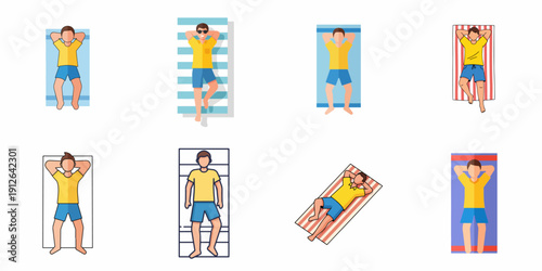 Collection of flat design illustrations showing men relaxing and sunbathing on towels during summer vacation or leisure time.
