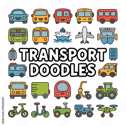 Transport Doodles: A playful collection of diverse transport illustrations for various themes, ideal for educational resources and creative projects, showcasing transportation icons and imagery.